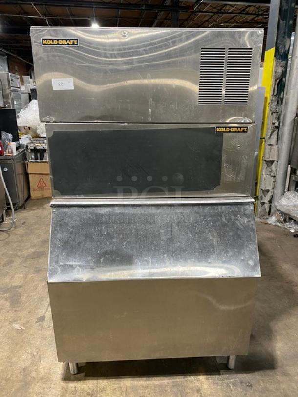 Kold-Draft GB561AC commercial ice machine/bin combo, stainless steel, electric, air-cooled, 115V, on legs, good condition.