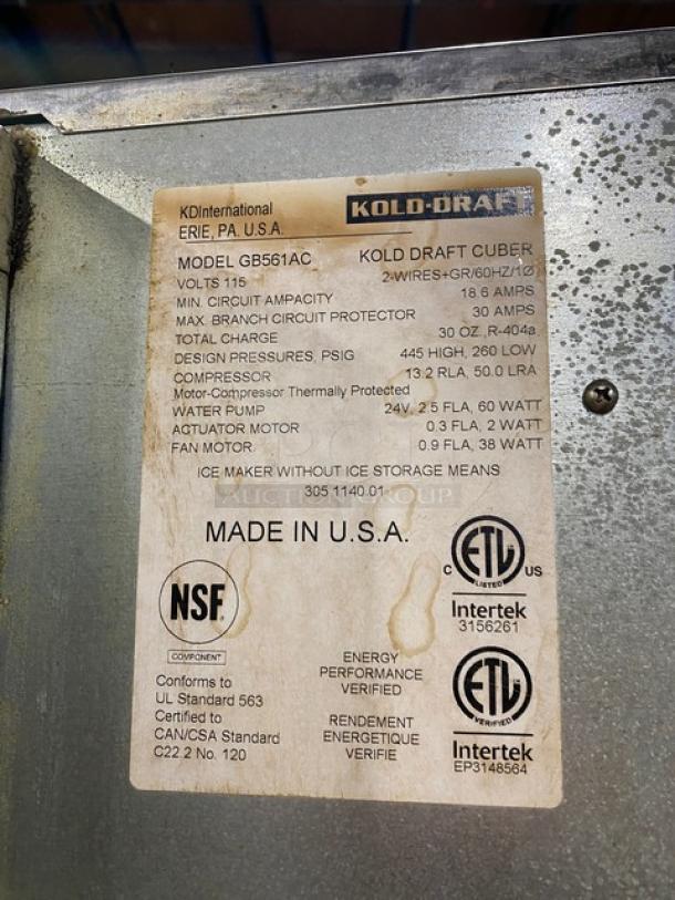 Kold-Draft GB561AC ice maker with stainless steel finish and power specs label. NSF certified. Made in USA. Electric, 115V.