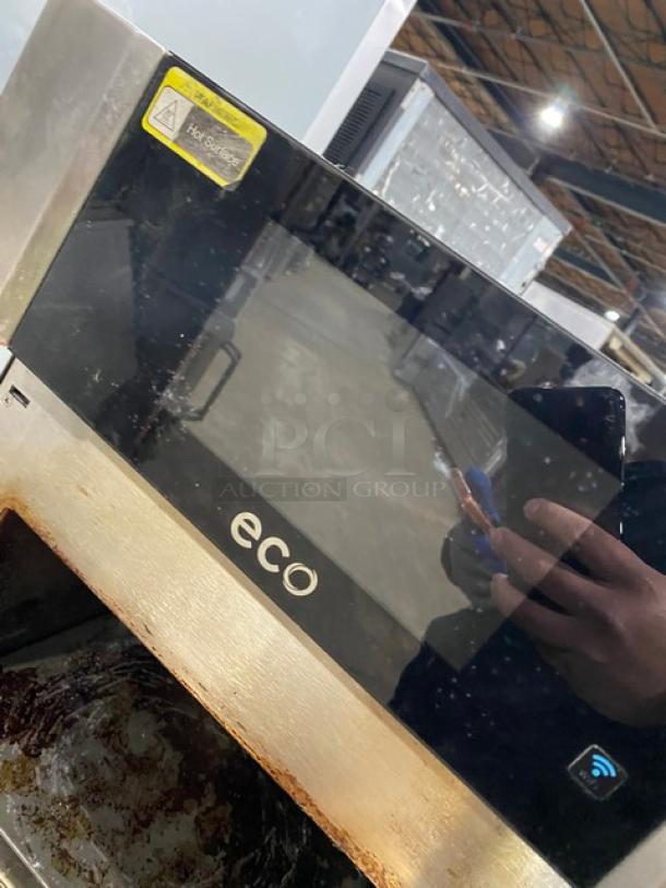 TurboChef ECO commercial rapid cook oven, stainless steel, electric, 2021 model, one-touch control, visible label indicates hot surface.