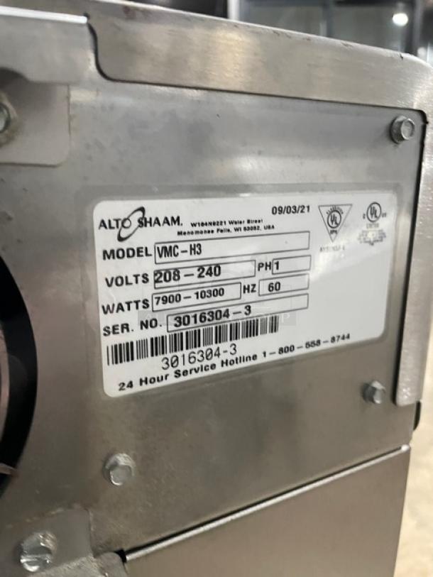 Alto-Shaam VMC-H3 Vector-H Series oven label showing model, volts, watts, and serial number details.