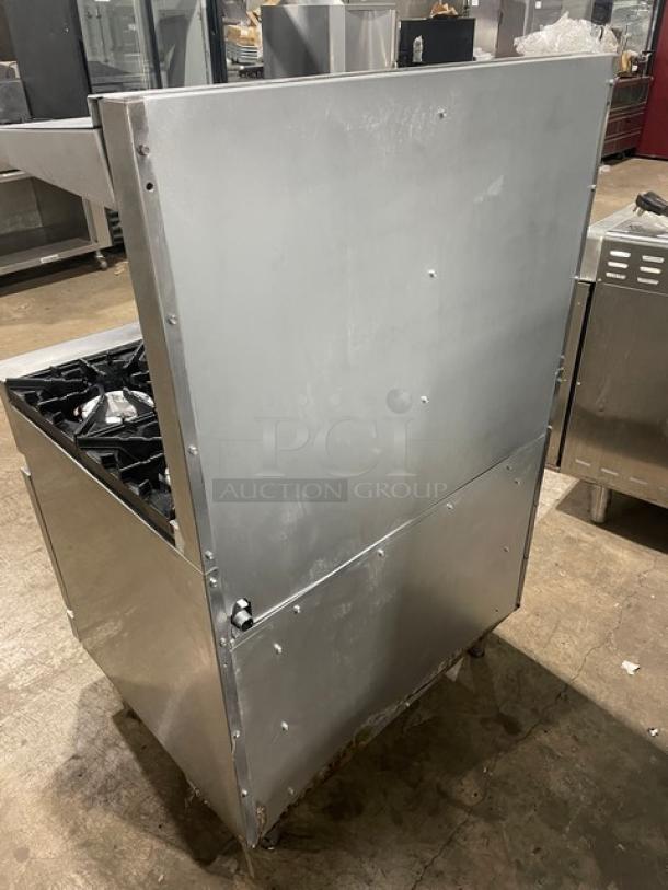 Radiance stainless steel 6-burner gas range/oven combo with backsplash, overhead salamander shelf, and wired oven rack.