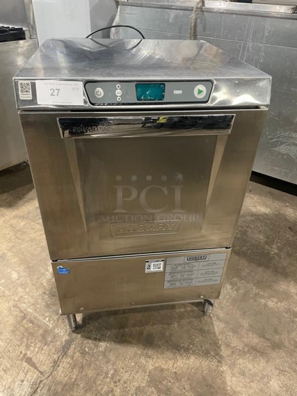 Hobart Advansys LXER commercial dishwasher, stainless steel, Energy Star certified, on legs, with control panel and model labels.