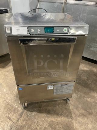 Hobart Advansys LXER commercial dishwasher, stainless steel, Energy Star certified, on legs, with control panel and model labels.