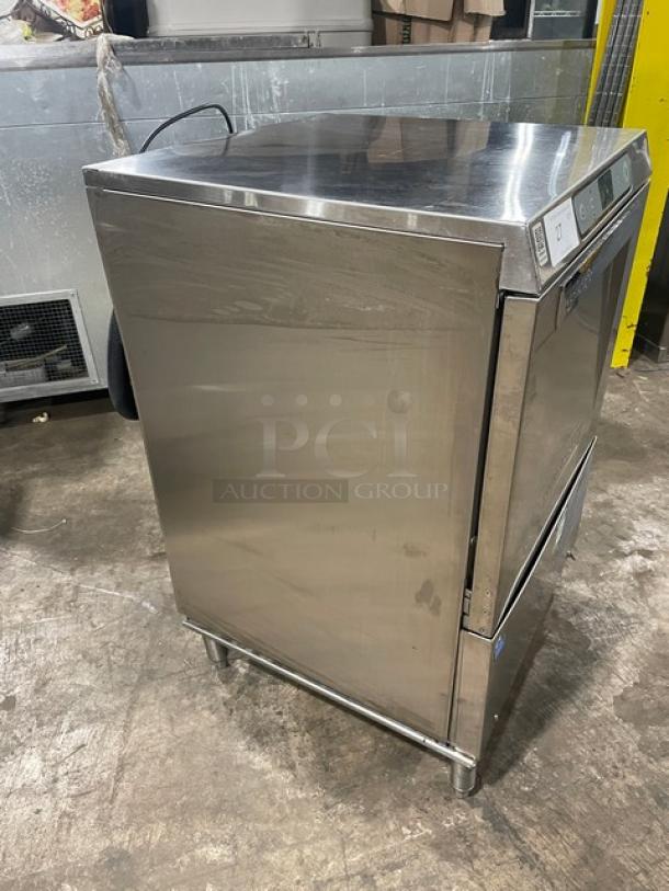 Hobart Advansys LXe stainless steel undercounter high-temp dishwasher, Model LXER, Energy Star certified, on legs.