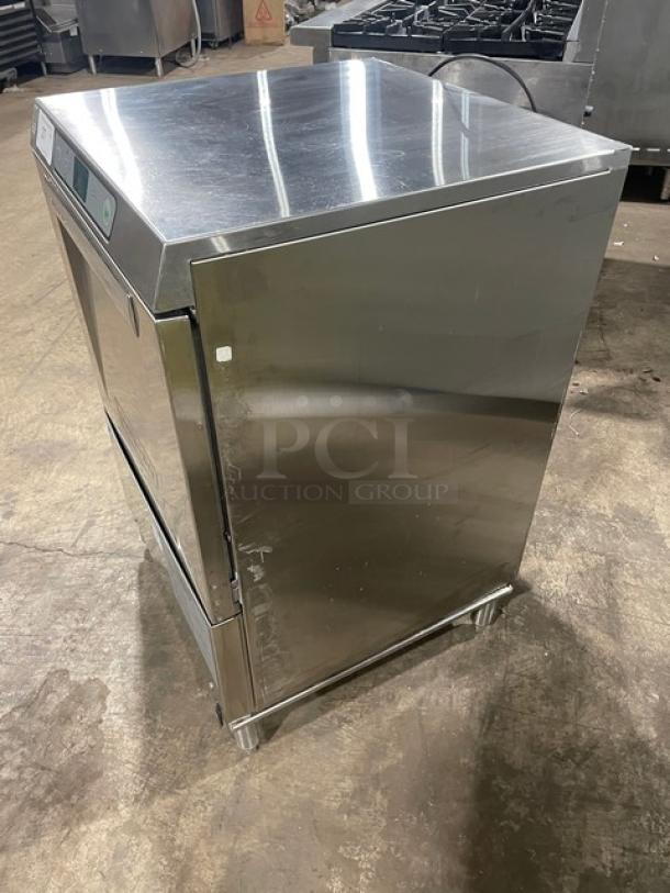 Hobart Advansys LXe Series stainless steel undercounter dishwasher, model LXER, Energy Star certified, on legs.