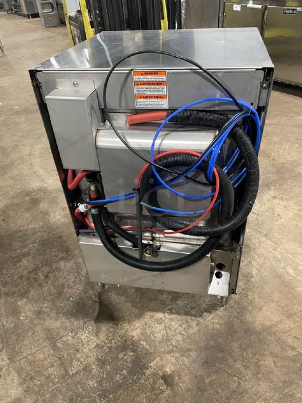 Hobart Advansys LXER commercial dishwasher, stainless steel, high-temp, on legs, visible wires. Model: LXER, SN: 231197909.