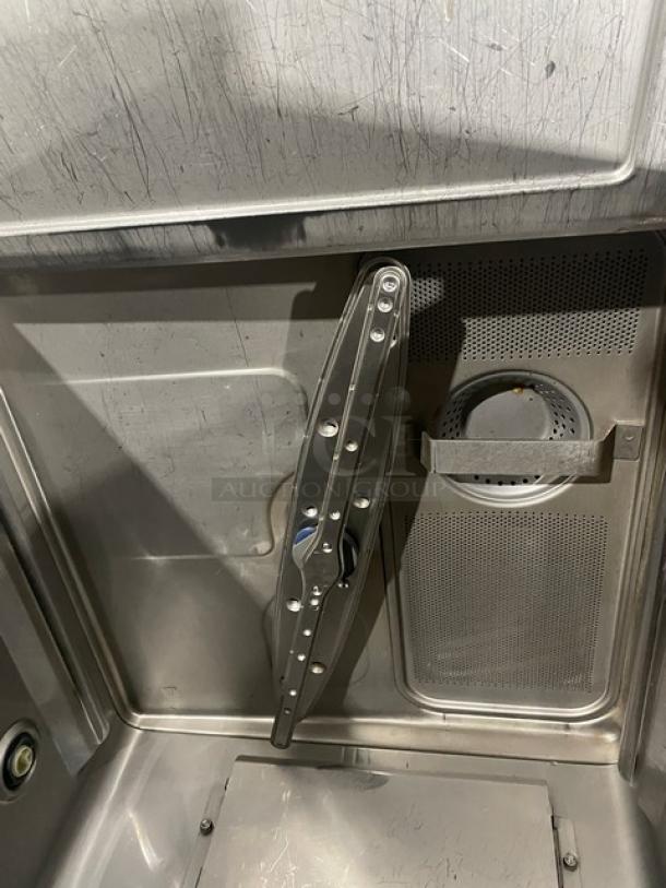 Hobart Advansys LXe LXER dishwasher interior; features stainless steel build, spray arm, and filter. Energy Star certified.