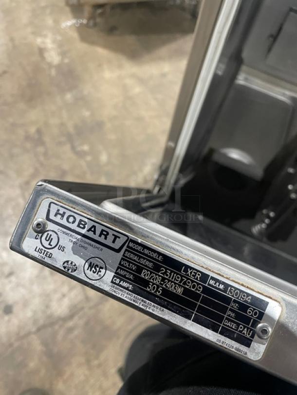 Hobart Advansys LXe Series commercial dishwasher label showing model LXER, SN 231197909, 120/208-240V, Energy Star certified.