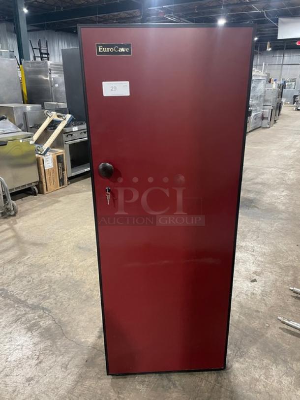 EuroCave Vieillitheque V264W wine cooler; red solid single door, full-height, with wooden retractable shelves. Serial: 71434.