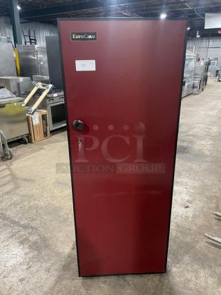 EuroCave Vieillitheque V264W wine cooler; red solid single door, full-height, with wooden retractable shelves. Serial: 71434.