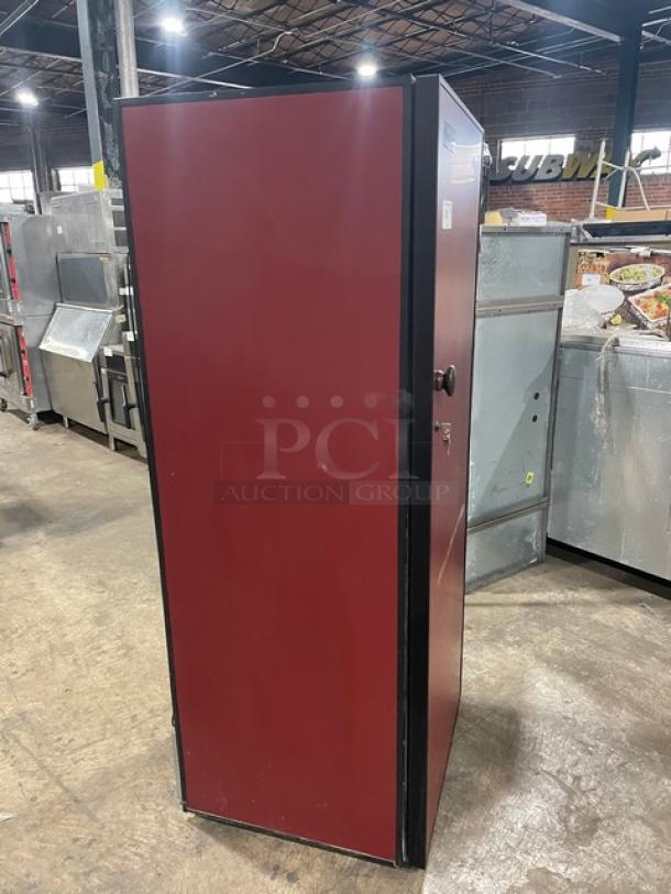 EuroCave V264W wine cooler, red solid door, full-height, wooden retractable shelves, model: V-264W, SN: 71434, 115V.