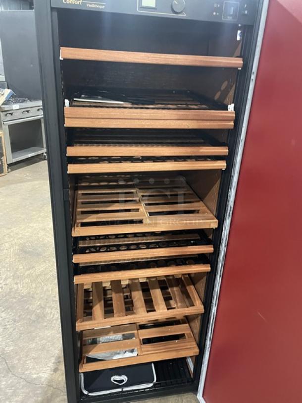 EuroCave V-264W wine cooler with retractable wooden shelves, solid red door, model V264W, SN: 71434, 115V power.