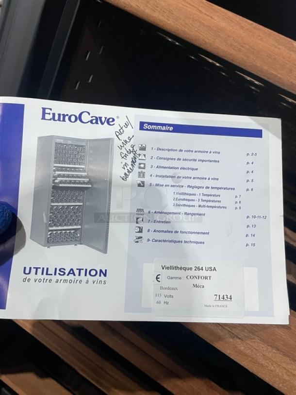 EuroCave V-264W wine cooler manual, featuring model details, serial number 71434, and 115V power indication.