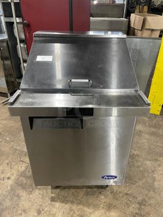 Atosa MSF8305GR refrigerated bain marie prep table, stainless steel, single door, 2021 model, on casters, excellent condition.