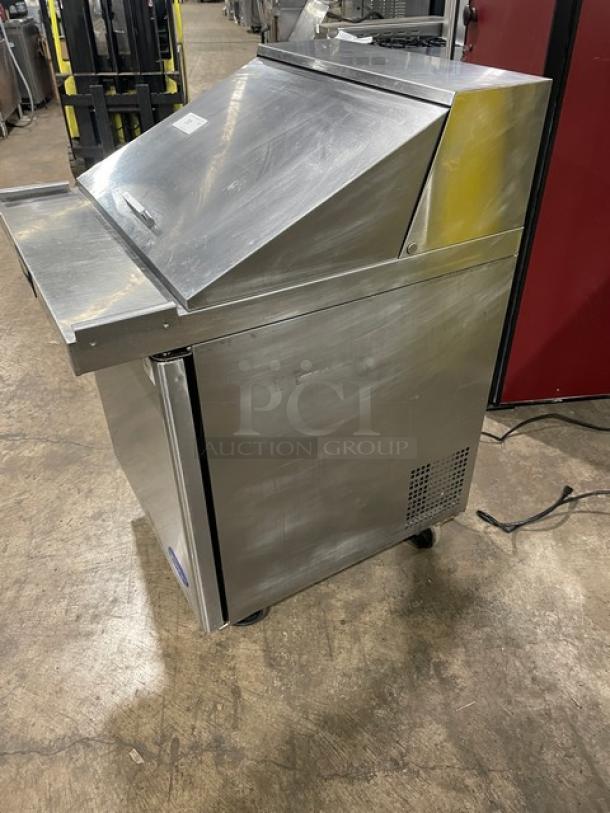 Atosa 2021 stainless steel refrigerated prep table, Model MSF8305GR, with poly-coated rack, on casters, excellent condition.