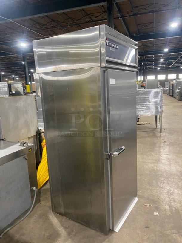 Victory Commercial Stainless Steel Pass-Thru Refrigerator, Model RIS1DS7PT, solid door, serial M0391561, excellent condition.