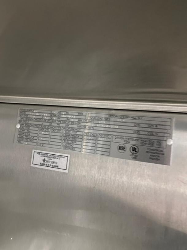 Victory Commercial Stainless Steel Pass-Thru Refrigerator, Model RIS-1D-S7-PT, tags visible, 115V, 1 Phase.