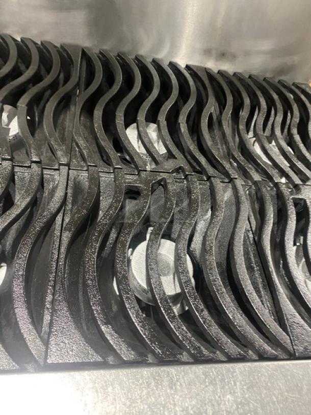 Southbend S36D stainless steel gas range with 6 burners and non-clog wavy grates, featuring backsplash and overhead salamander shelf.