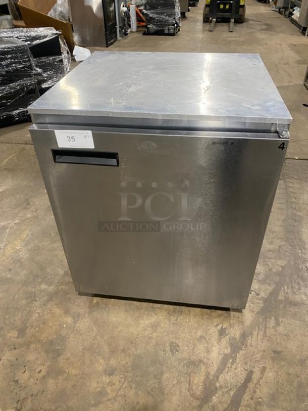 Delfield Enodis 406CA-DD1 stainless steel undercounter refrigerator, 27", with poly-coated wire rack, on casters, 115V.