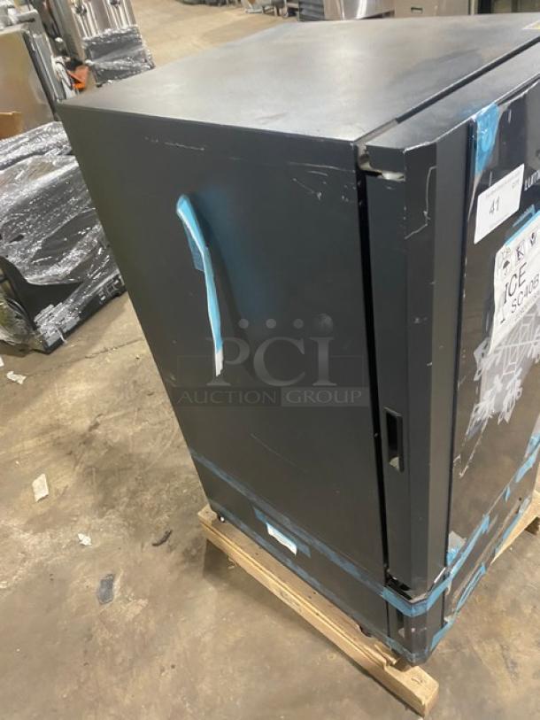 Vendo Lumilinna Series black solid single door undercounter crystallizer, model ICE-SC40BXIWU, in scratch-n-dent condition.