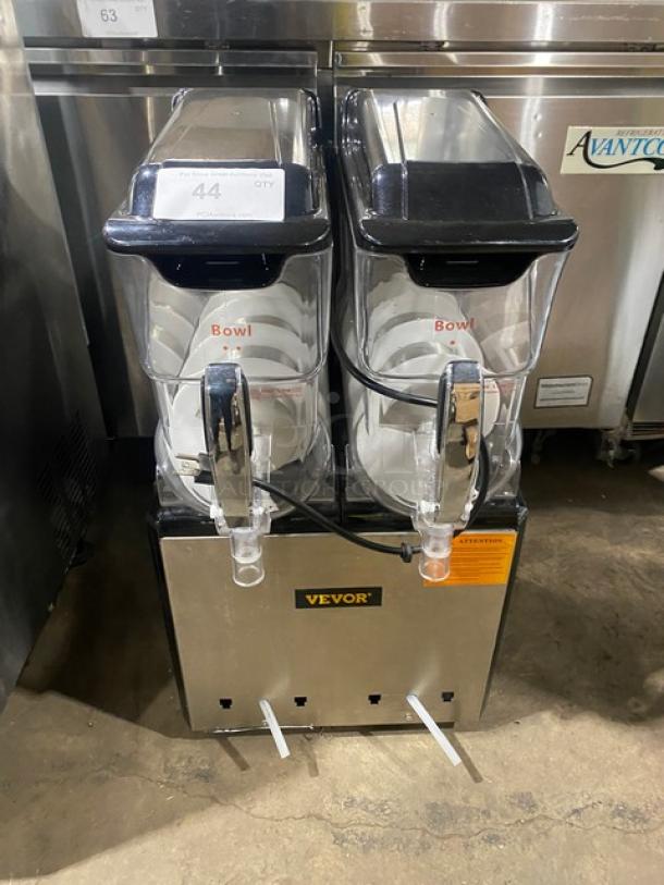 Vevor XRJ10LX2 Commercial Electric Twin Slush/Margarita Machine with clear polycarbonate hoppers, black/stainless steel finish.