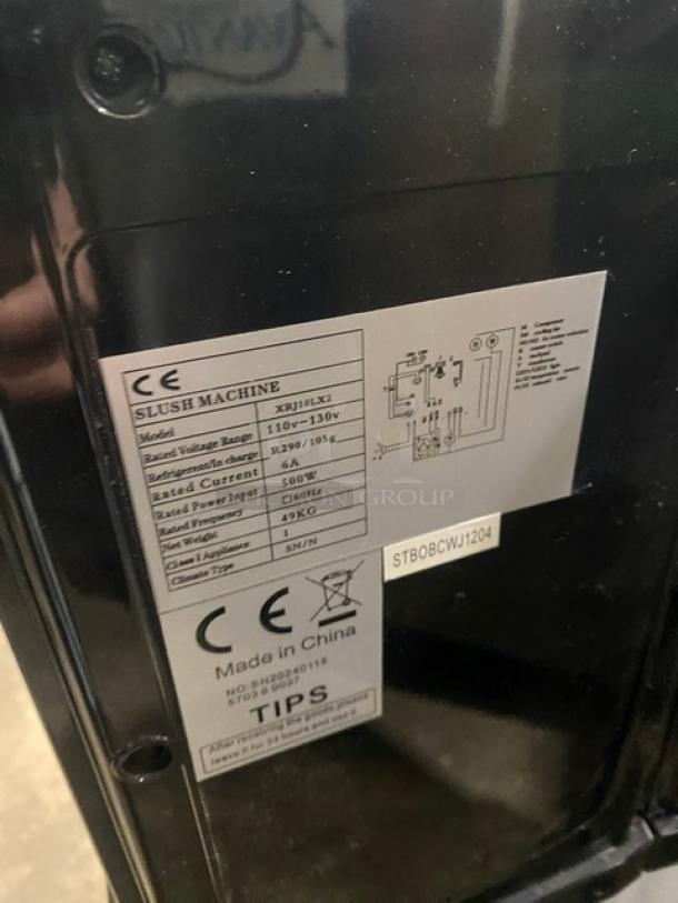 Vevor XRJ10LX2 slush machine label, showing specifications: 110-130V, R290/105g refrigerant, 500W, 6A current. Made in China.