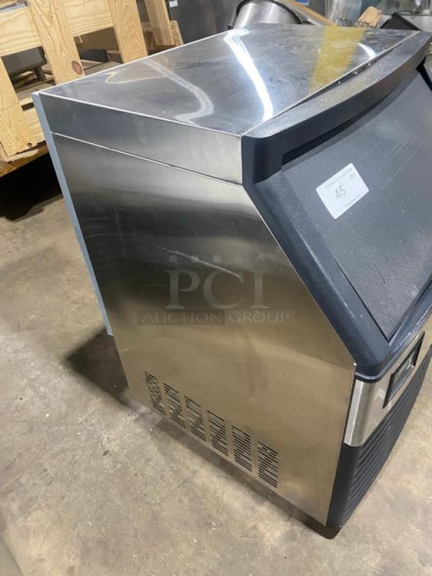 Coldline ICE180 commercial stainless steel ice machine, electric, air-cooled, undercounter design with visible label on side.
