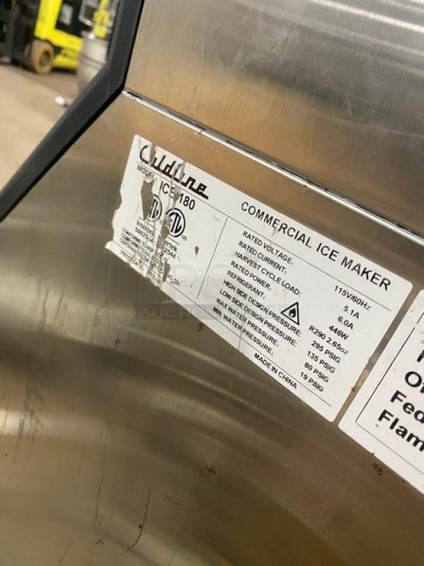 Coldline ICE180 stainless steel undercounter ice machine, electric, air-cooled, 115V, label shown with specs.