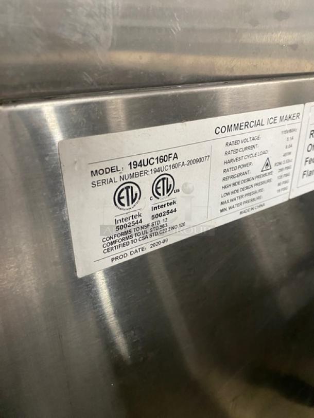 Avantco Model 194UC160FA stainless steel ice maker, serial 194UC160FA-20090077, 2020 model, ETL certified, 115V, on legs.