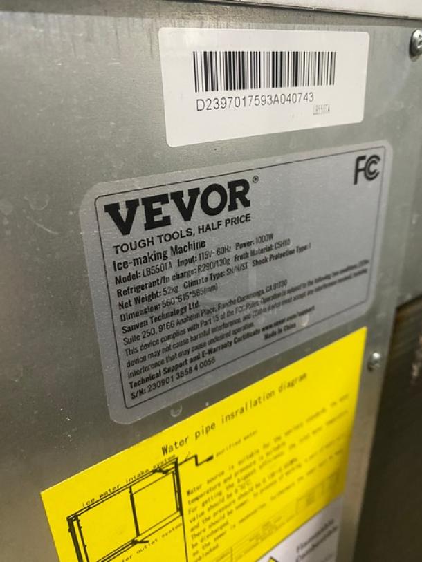 Vevor LB550TA Commercial Ice Making Machine, stainless steel, model info and specs visible, 115V, SN: 230901385840056.