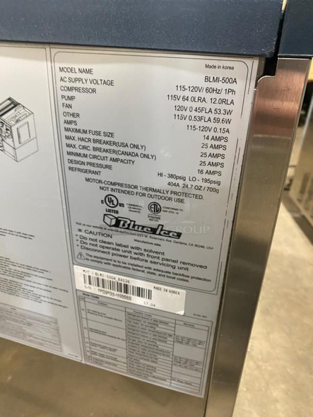 Blue-Air Blue Ice Series BLMI500A commercial ice maker, stainless steel, electric, air-cooled, 115-120V, 1 phase, with label details.