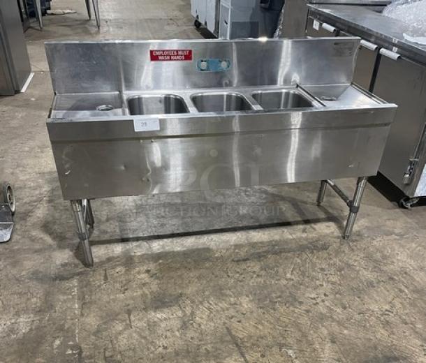 Eagle Group Spec-Bar 2000 Series 60" stainless steel 3-compartment underbar sink, model B5-3-LR-19, with left/right drain boards and backsplash.