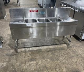 Eagle Group Spec-Bar 2000 Series 60" stainless steel 3-compartment underbar sink, model B5-3-LR-19, with left/right drain boards and backsplash.