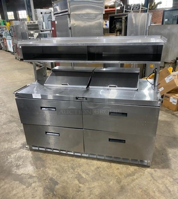 Delfield stainless steel refrigerated prep table, model UCD4464N12DD5, features 4 drawers, overhead shelf, bain marie style, 115V.