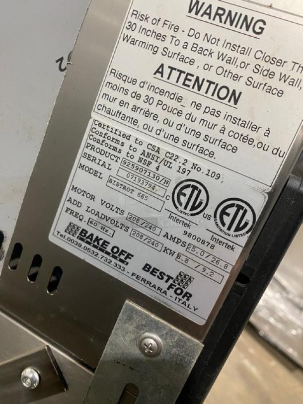 Univex BISTROT665 oven, stainless steel, digital touch control, on stand, model/serial labels visible: SN 07193794, 208/240V.