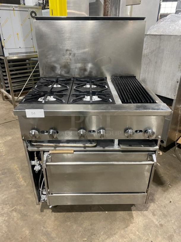 Jade Range commercial stainless steel gas-powered 4-burner split-top char broiler range/oven combo with backsplash and casters.