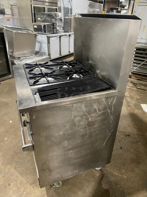 Jade Range stainless steel gas 4-burner split-top char broiler range/oven combo with backsplash and wired oven rack on casters.