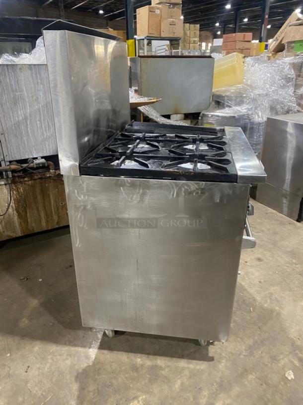 Jade Range stainless steel gas 4-burner split-top char broiler range/oven combo with backsplash, wired oven rack, on casters.