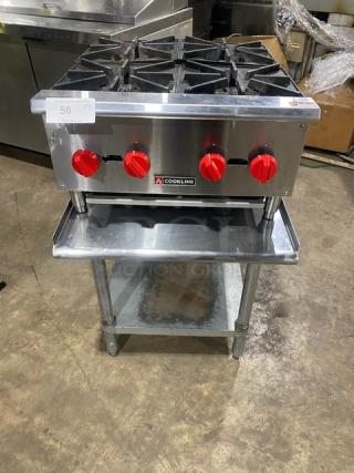 Cookline CHP244 stainless steel countertop 4-burner hot plate with red knobs, on legs, includes undershelf equipment stand.