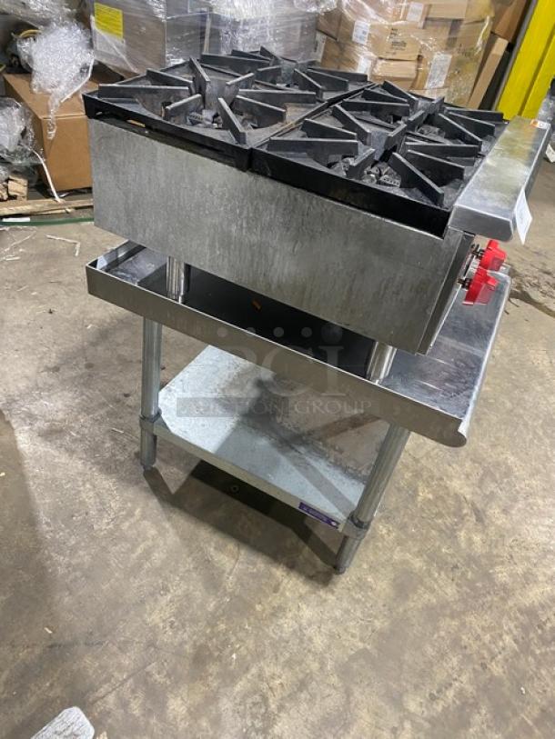 Cookline CHP244 stainless steel 4-burner gas hot plate on undershelf stand, natural gas, with control knobs, in used condition.