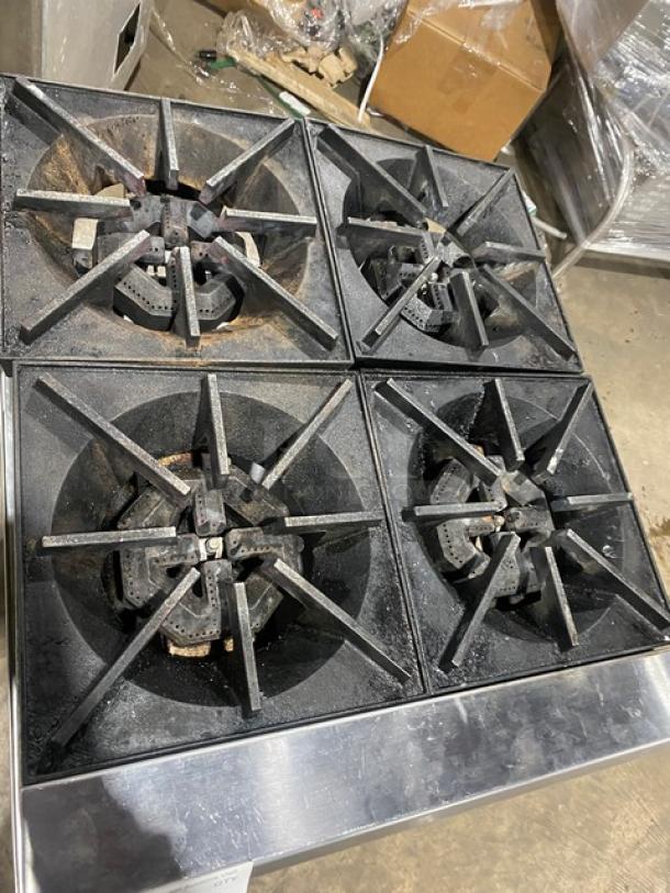 Cookline CHP244 stainless steel 4-burner hot plate range, natural gas, used condition, with single undershelf stand.