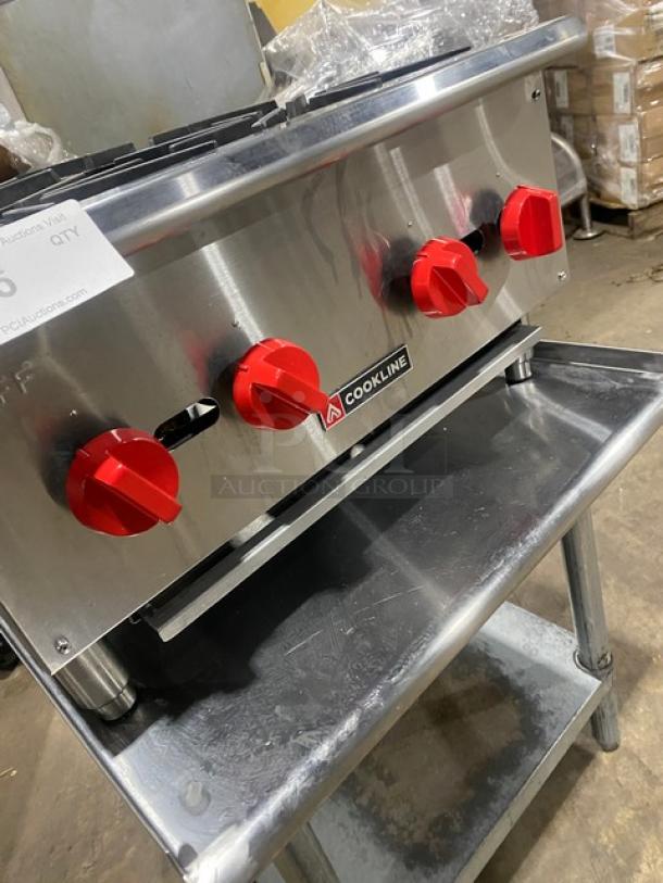 Cookline stainless steel gas-powered 4-burner countertop hot plate range, model CHP244. Includes single undershelf stand.