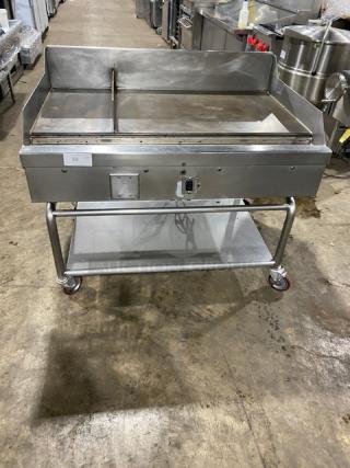 WoodStone stainless steel gas-powered 48" plancha flat griddle with back and side splash, undershelf stand, on casters.