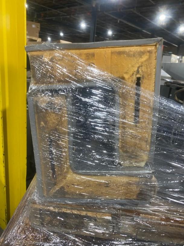 Commercial 7'x7' walk-in cooler box with 2-fan evaporator blower and Tecumseh condensing unit, wrapped, used condition.