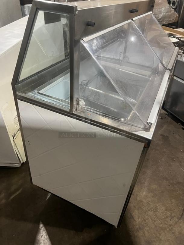Beverage-Air BRT68P 68" white ice cream dipping cabinet with sneeze guard, rear double lift doors, 115V, used condition.