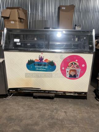 Beverage-Air BRT68P white 68" ice cream dipping cabinet with sneeze guard, rear lift doors, logos; Model BRT-68P, 115V.