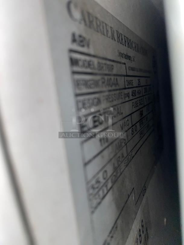 Close-up of manufacturer label on Beverage-Air Model BRT68P ice cream cabinet showing specifications and design pressure.