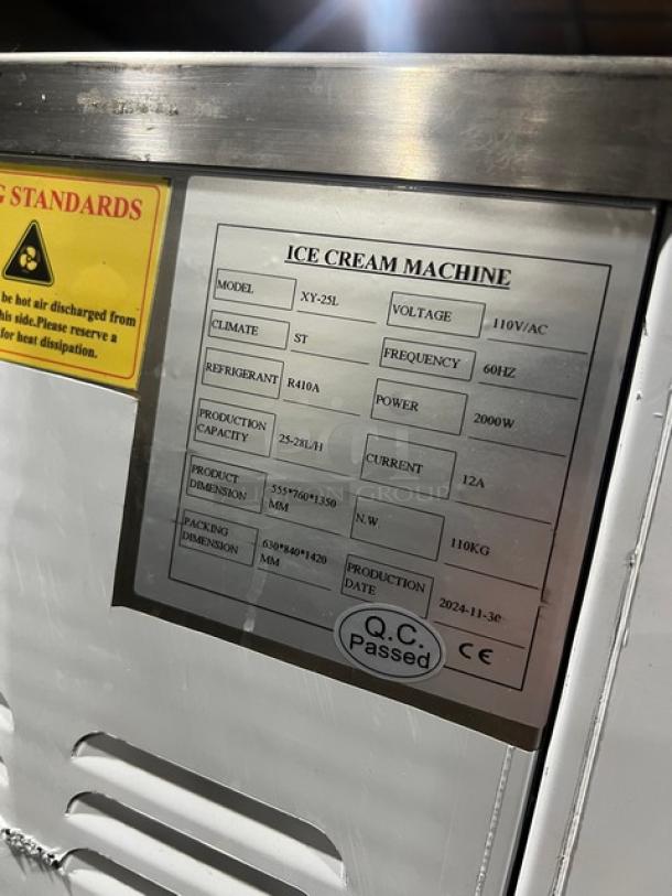 2024 commercial stainless steel electric ice cream machine, model XY-25L, 110V, on casters, working condition, labeled with specs.