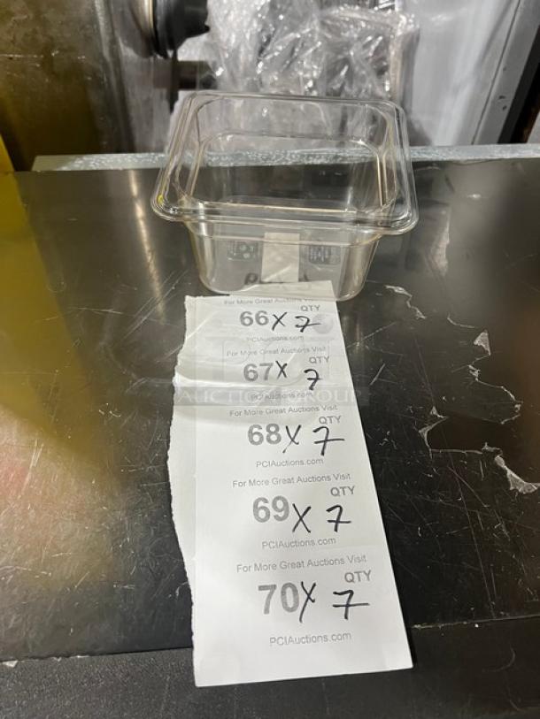 NEW Winco SP7604 1/6-Size 4" Deep Clear Polycarbonate Food Pan, ideal for commercial use, pristine condition.