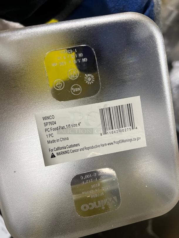 Winco SP7604 clear polycarbonate food pan, 1/6-size, 4" deep, new condition, with labeling and model details visible.